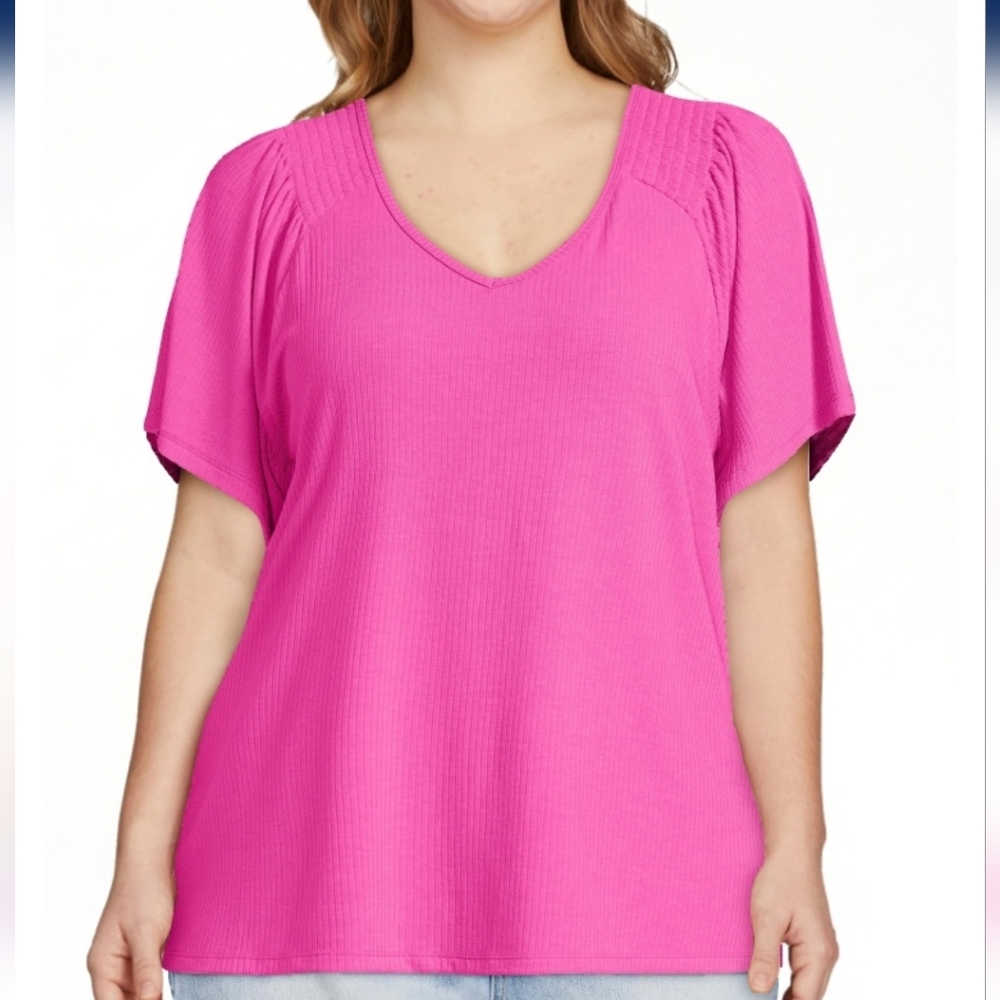 Terra & Sky Vivid Pink Blouse with Flutter Sleeves Women's Plus Size 0X (14W)